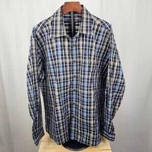 Forsyth of Canada Plaid Button Down Shirt 2XL Blue Tan Wrinkle Free Cotton
